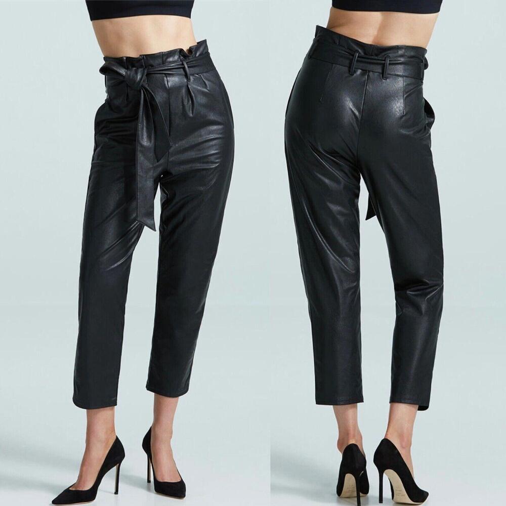 Commando Women's Black Faux Leather Paperbag Belted Pants Size M Medium Belt